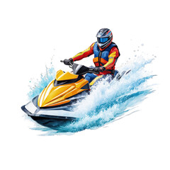 Fototapeta na wymiar A man riding jet ski with water splash, watercolor illustration, vector clipart, hobby, ocean activities, sea, jet ski riding, interest