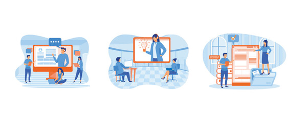 Online assistant 1 Concept. Female hotline operator advises client. Businessman personal assistant online service or platform. Set flat vector modern illustration