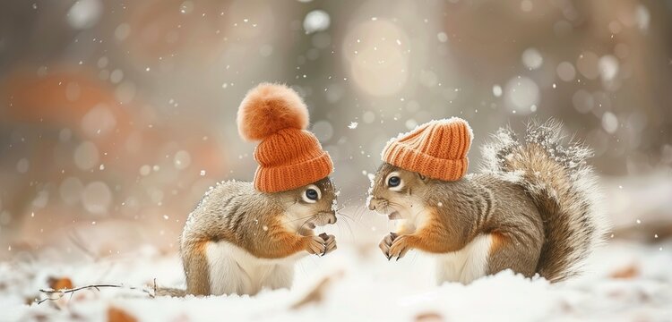 Delightful image of squirrels adorned in tiny knitted hats, enjoying a playful winter morning surrounded by a snowy wonderland.