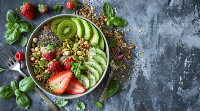 A bowl filled with slices of strawberry, kiwi, and avocado alongside green leaves and nutritious seeds sits on a blue-textured surface