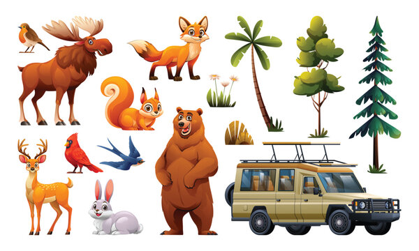 Set of woodland forest animals and elements. Vector cartoon illustration