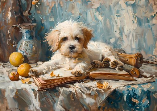 Cute white puppies in oil painting style, classic moody painting for wall decoration 