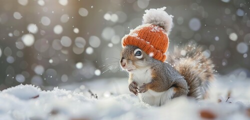 Whimsical scene of furry squirrels wearing snug knitted hats, foraging amid glistening snowflakes on a picturesque snowy morning.