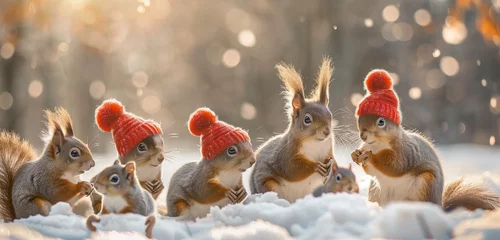 Fotobehang Cute squirrels in charming knitted hats, playfully exploring a snow-covered landscape, their tiny footprints marking the winter wonderland. © Muhammad