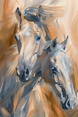 Simple painting of 2 horses in strong brush strokes with beige and blue color theme 