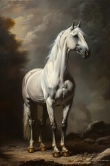 Painting of white Arabian horse galloping in the dark night , classic wall art
