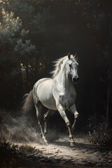 Painting of white Arabian horse galloping in the dark night 