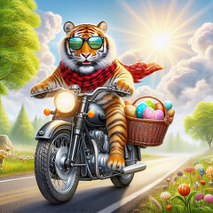 A realistic tiger on a motorbike with sunglasses, a basket on the back full of colorful Carrying eggs - Generative AI