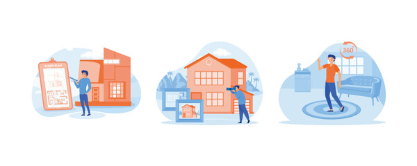 Fototapeta premium House listing concept. House real estate virtual tour. Man pays loan for real estate. Set flat vector modern illustration