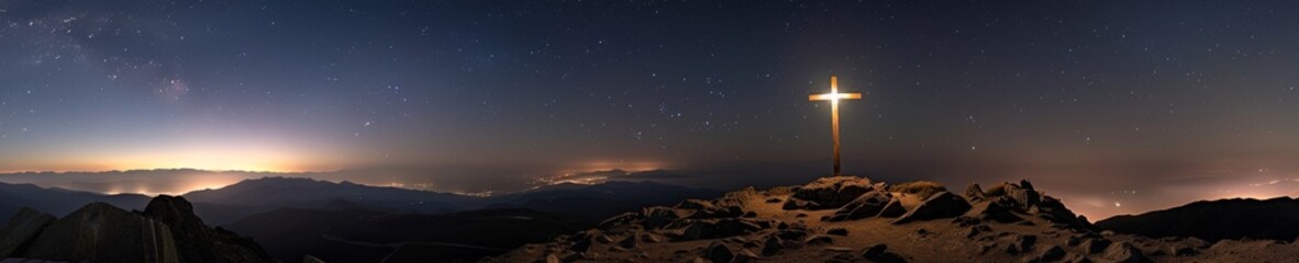 Nighttime on a mountain top a cross glowing bright illuminating a Christian path with stars above