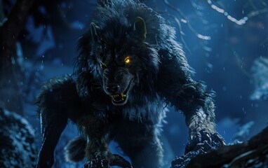 Full body grim werewolf with elongated limbs dark fur yellow glowing eyes set in a dark ominous environment cinematic lighting effect