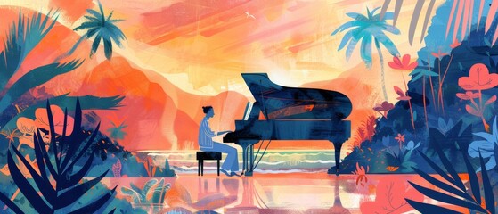 Watercolor person playing piano in a desert time travel through rainforest aromatherapy