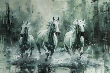 horses, forrest nature abstract masterpiece, light green-gray-mint with white elements, painting, heavy texture, calm athmosphere