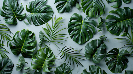 Leaf pattern. Green tropical leaves on gray background. Summer concept. Flat lay, top view, copy...