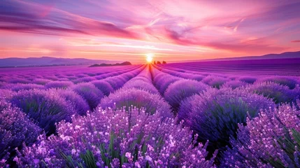 Tuinposter Sunrise Symmetry in Blooming Lavender Field © Thanunchnop