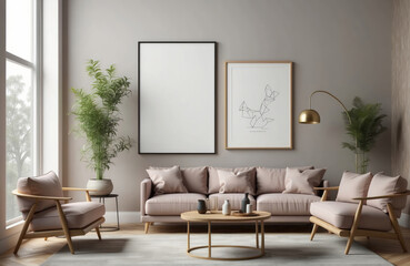 Two portrait Frame mockup. Living room wall poster mockup. Interior mockup with house background and big window on the side. Modern interior design. 3D render