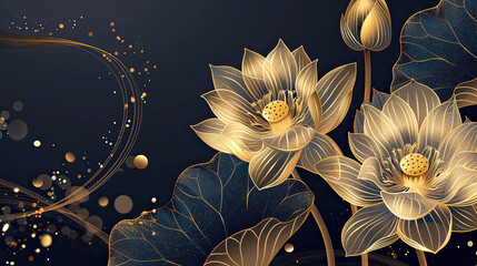 Luxurious background design with golden lotus. Lotus flowers line arts design for wallpaper, natural wall arts, banner, prints, invitation and packaging design. vector illustration. - obrazy, fototapety, plakaty