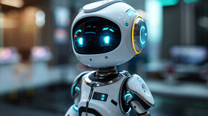 Fototapeta premium An engaging white autonomous robot with expressive digital eyes and sleek design in a high-tech environment.