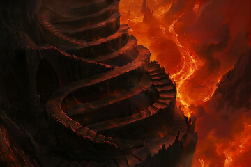A close-up view of an underground spiral staircase descending into a molten valley of fire and lava - obrazy, fototapety, plakaty
