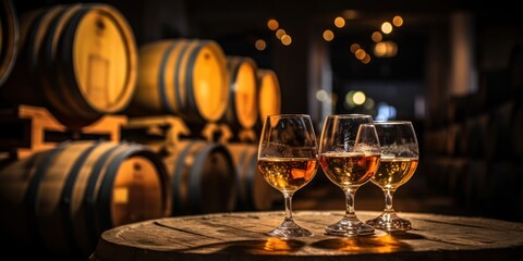 Two Glasses of Wine on Wooden Barrel Generative AI