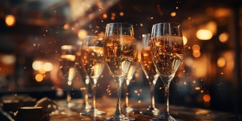 Three Glasses of Champagne on Table Generative AI - obrazy, fototapety, plakaty