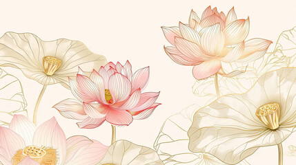 Pink and gold line lotus flower and leaves on white Background, luxury vector background, suit for invitation cards, line art.