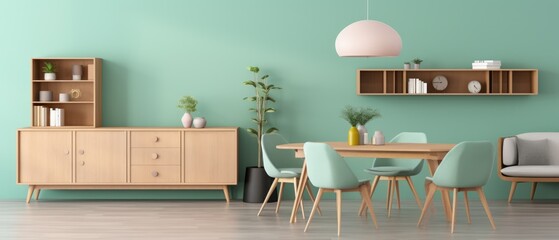 Mint color chairs at round wooden dining table in room with sofa and cabinet near green wall