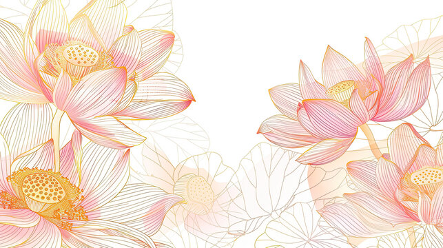 Pink and gold line lotus flower and leaves on white Background, luxury vector background, suit for invitation cards, line art.