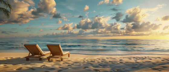 Two beach chairs are set up on the beach, facing the ocean - Powered by Adobe
