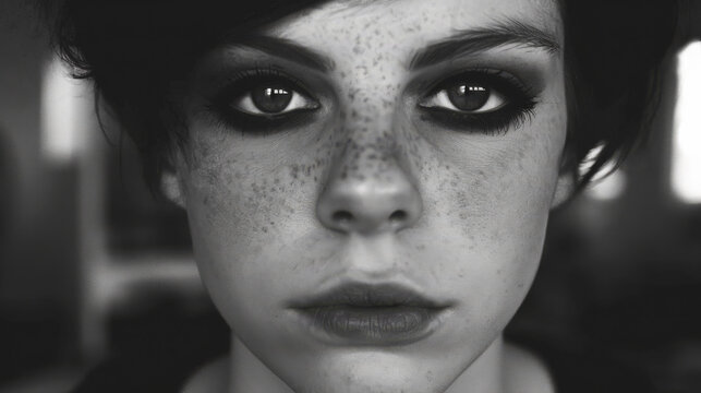 Close up black and white porrait of a teenager looking directly at the camera. She has dakr hair,, freckles and piercing eyes. A troubled teen but determined to survive on her own.