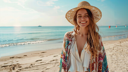 pretty attractive slim smiling woman on sunny beach in summer style fashion trend outfit happy, freedom, wearing white top, jeans and colorful printed tunic boho style chic and straw hat.