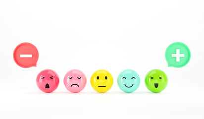 Customer choose emoji emoticons happy mood on emotions satisfaction meter, evaluation, Increase rating, Satisfaction and best excellent services rating concept, Feedback concept design, 3d render.