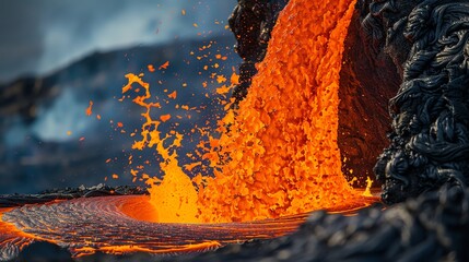 Fiery lava flow. volcanic eruption close up - obrazy, fototapety, plakaty