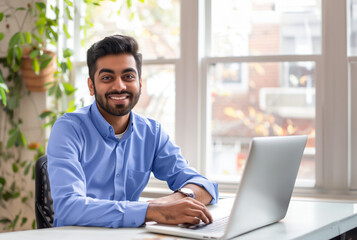 Fototapeta premium Young Man Working on His Laptop in a Bright Modern Office