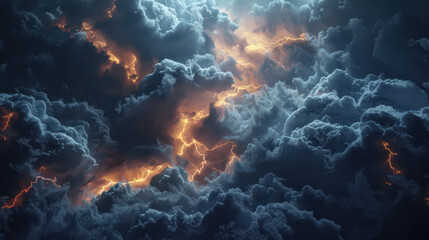 dramatic illustration of dark cloudy sky with orange lightning strikes line. Generative AI  