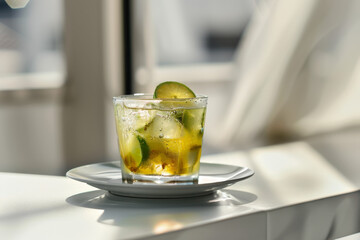 Refreshing Caipirinha Cocktail on White Table with Nikon D7000 Gen AI