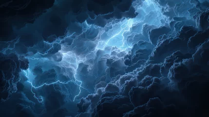 Fotobehang dramatic illustration of split dark cloudy sky with blue lightning strikes line. Generative AI   © aris