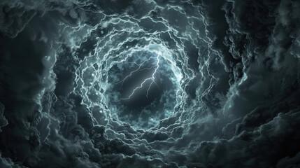 swirling dark wave of storm cloud tunnel, with lightning strikes. Generative AI