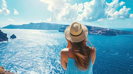 Summer blue trend with young woman wearing a hat as happy freedom lifestyle in Aegean sea...