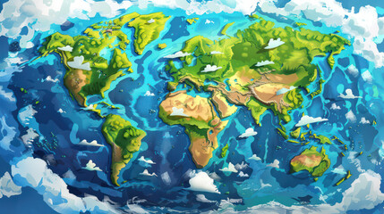 beautiful painting illustration of world map with clouds, suitable for background, children book or earth day greetings. Generative AI