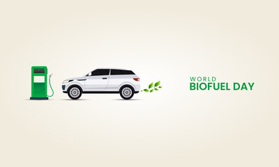 World biofuel day, petrol pump with car eco friendly biofuel day, design for social media, leaf, car, petrol,3D Illustration