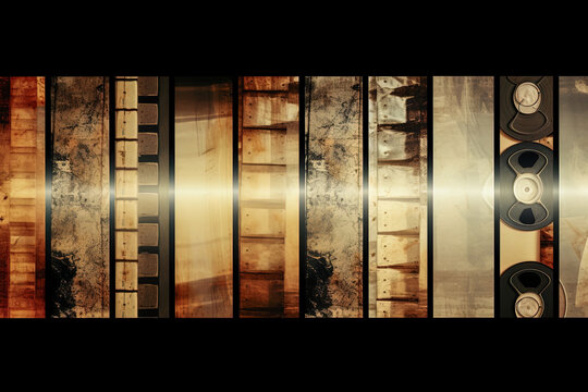 A series of old film strips are shown in a row. Concept of nostalgia