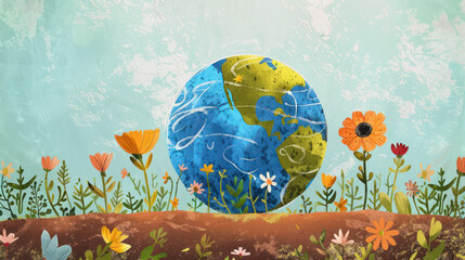 digital painting illustration style of cute earth with ground and blooming and growing flower suitable for earth day greetings, and children book. Generative AI