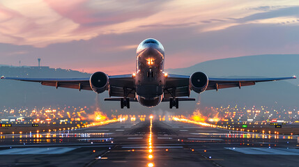 A large airplane taking off from an airport runway - obrazy, fototapety, plakaty