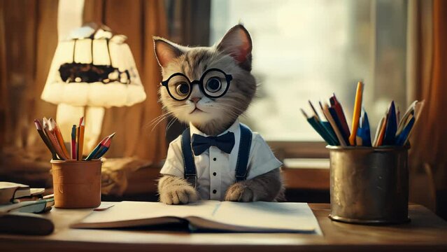 A cat sitting at a desk, wearing glasses, and reading a book.
