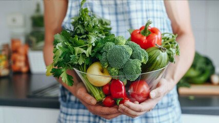 A person stands in a brightly lit kitchen, holding a stainless steel bowl overflowing with a variety of fresh vegetables such as leafy greens, red peppers, and tomatoes