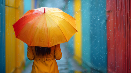 Woman standing holding an umbrella in the rain The background.