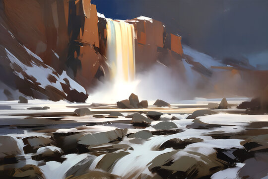 Beautiful waterfall, Semi-abstract loosely painting, Stylized digital speed painting.