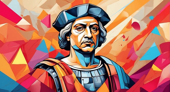 Christopher Columbus Abstract colorful geometric shapes background. Digital painting. Vector illustration from Generative AI