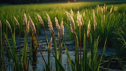 Fototapeta premium Acorus calamus wallpaper, medicinal plants background, Inflorescence of sweet flag (Acorus calamus), leaf calamus with inflorescence grow in water